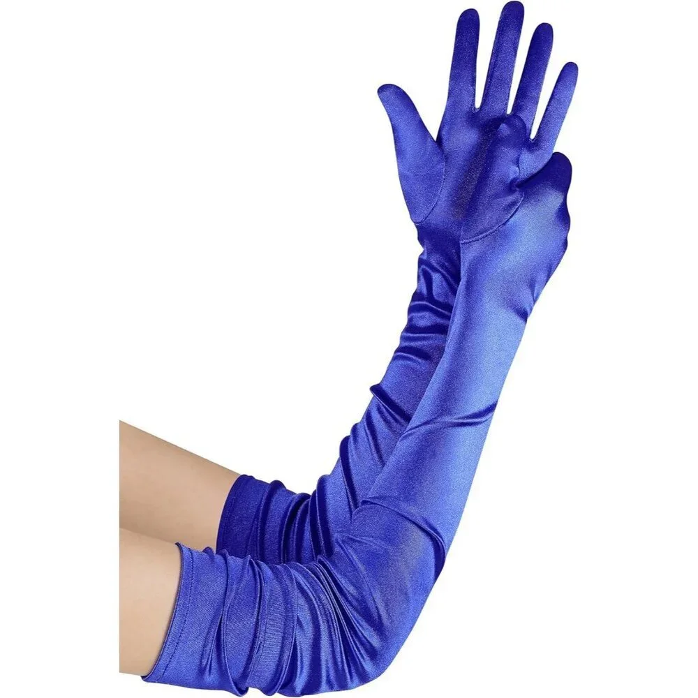 Women's Long Satin Gloves Dark Blue Stretchy Upper Arm Length Costume Design